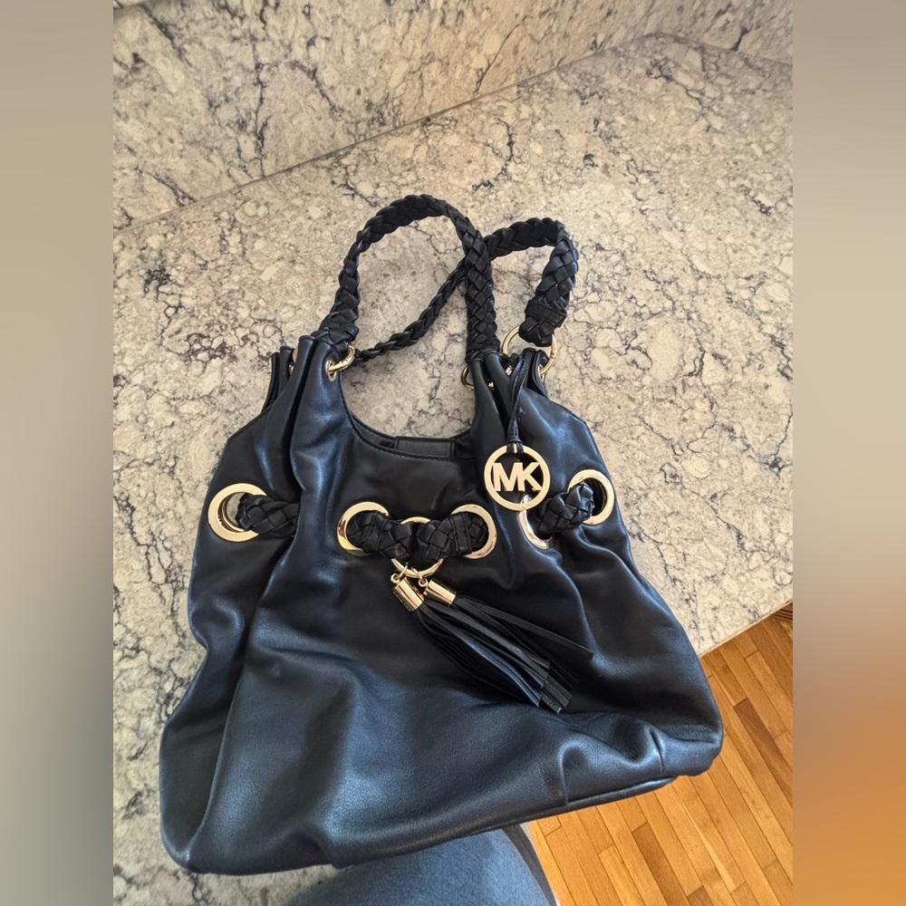 Michael Kors Black Camden Leather Braided-Handle Shoulder Bag with Tassel